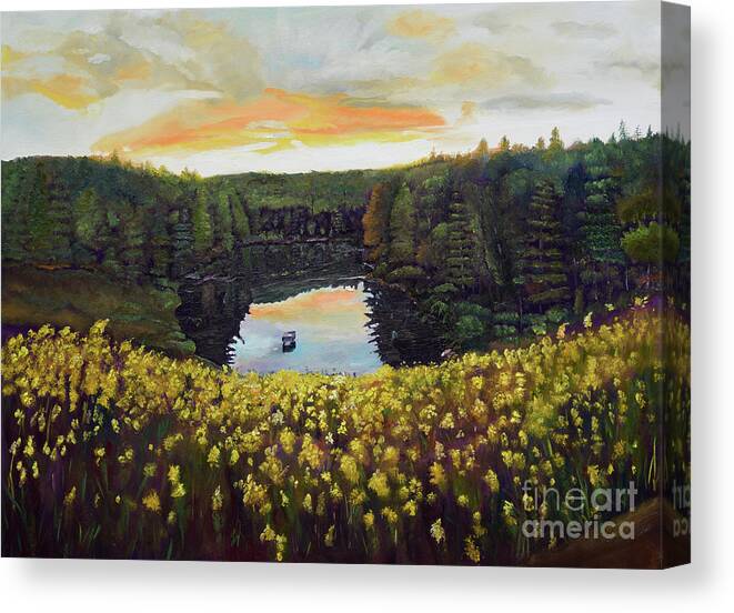 Lake Reflections Canvas Print featuring the painting Goldenrods on Davenport Lake-Ellijay, GA by Jan Dappen