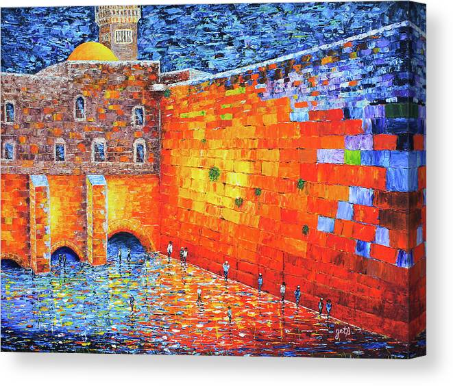 Jerusalem Wailing Wall Canvas Print featuring the painting Wailing Wall Greatness In the Evening Jerusalem palette knife painting by Georgeta Blanaru