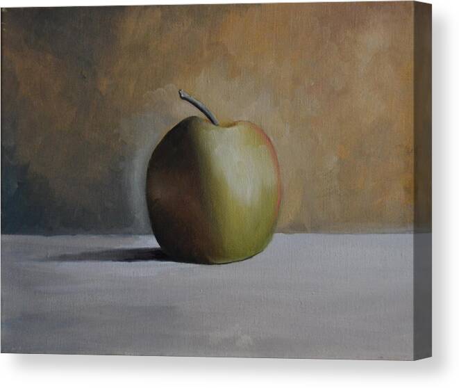 A Green Apple Sitting On A Light Gray Table. The Apple Has A Stem And Is Casting A Dark Shadow On The Table. The Background Is Multi-colors Of Gray Canvas Print featuring the painting Green Apple by Martin Schmidt