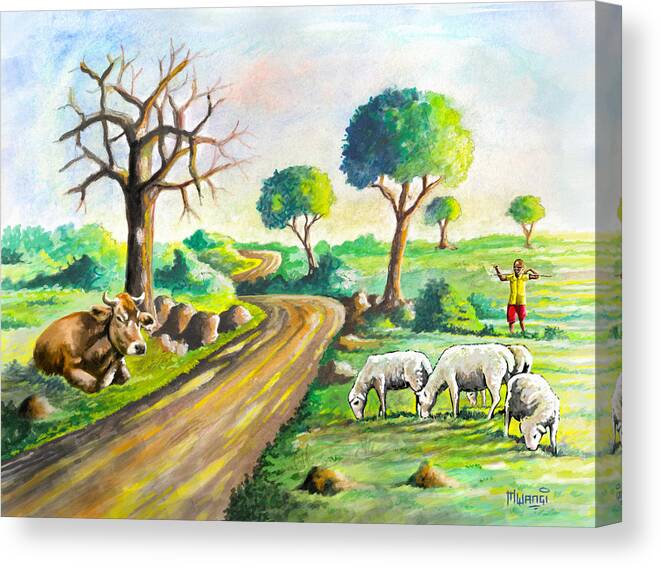 Tanzania Canvas Print featuring the painting Herding near the Road by Anthony Mwangi