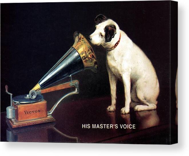 His Master's Voice Canvas Print featuring the mixed media His Master's Voice - HMV - Dog and Gramophone - Vintage Advertising Poster by Studio Grafiikka