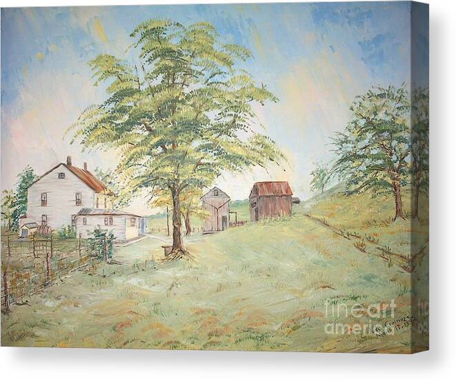 White House; 2 Sheds; Green Tree In Foreground; Set Of 4 Homeplace Prints For $100.00 Canvas Print featuring the painting Homeplace - The Farmhouse by Judith Espinoza