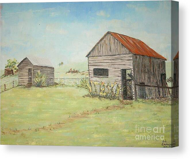 2 Small Sheds; Light Green Yard; Old Buildings Canvas Print featuring the painting Homeplace - The Smokehouse and Woodhouse by Judith Espinoza