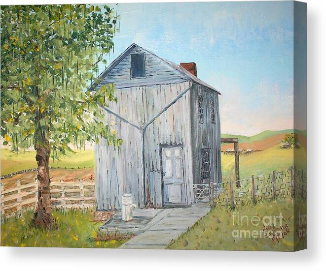 Old Gray Building Beside Green Tree; 2 Kinds Of Fence Canvas Print featuring the painting Homeplace - The Washhouse by Judith Espinoza