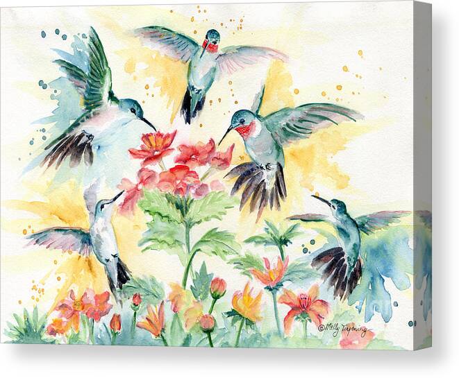Hummingbird Canvas Print featuring the painting Hummingbirds Party by Melly Terpening