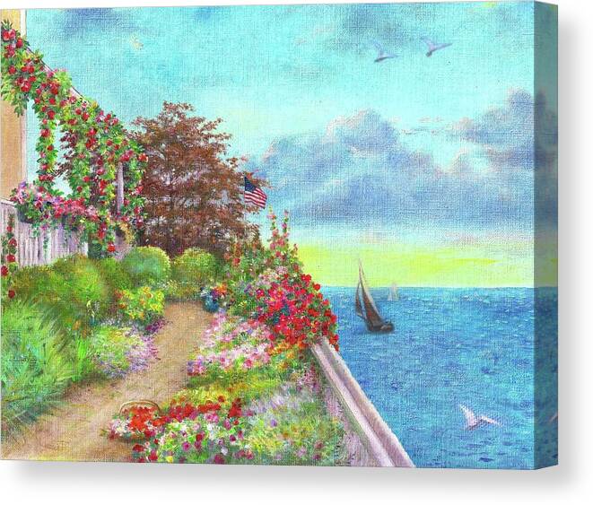 Sea-inspired Canvas Print featuring the painting Illustrated Beach Cottage Water's Edge by Judith Cheng