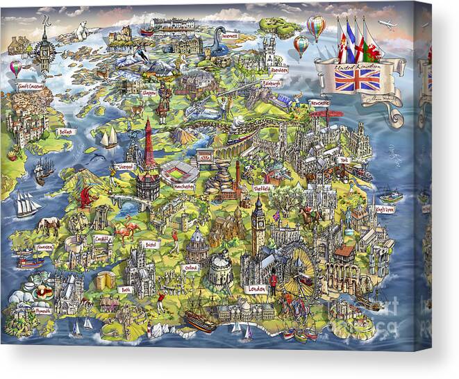 Uk; United Kingdom Canvas Print featuring the painting Illustrated Map of the United Kingdom by Maria Rabinky
