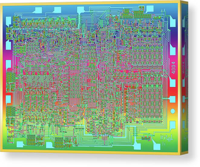 Intel Canvas Print featuring the digital art Intel 4004 CPU 4 bit Central Processing Unit CPU Computer Chip Integrated Circuit Mask, Abstract 5 by Kathy Anselmo