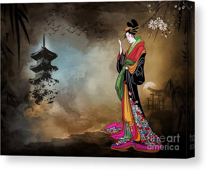Geisha Canvas Print featuring the digital art Japanese girl with a landscape in the background. by Andrzej Szczerski