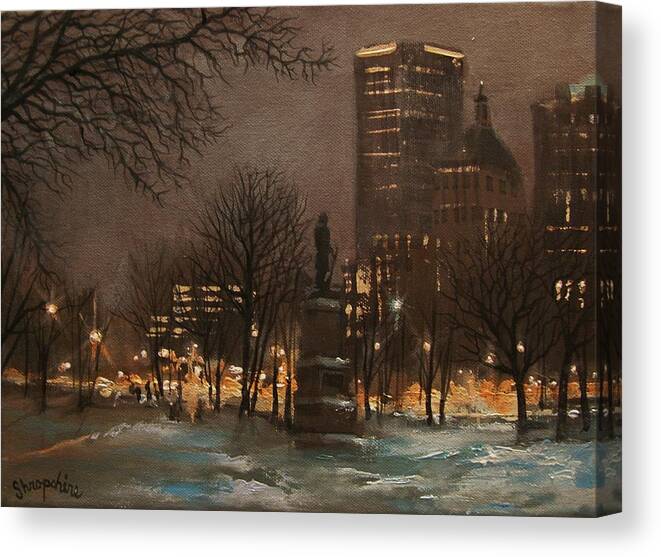 City At Night Canvas Print featuring the painting Juneau Park Milwaukee by Tom Shropshire