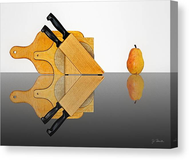 Kitchen Canvas Print featuring the photograph Knife Block, Cutting Boards and Pear by Joe Bonita