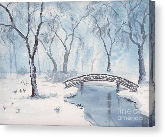 Lost Lagoon Canvas Print featuring the painting Lagoon Under Snow by Watercolor Meditations