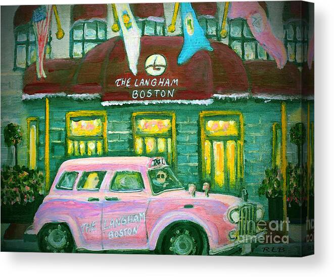 Langham Hotel Canvas Print featuring the painting Langham Hotel Pink Taxi by Rita Brown