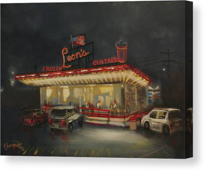 City At Night Canvas Print featuring the painting Leon's Frozen Custard by Tom Shropshire