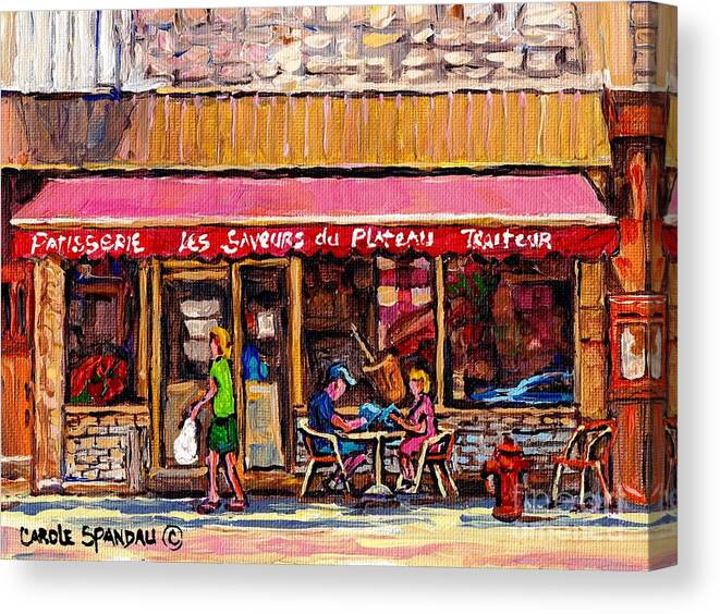 Montreal Canvas Print featuring the painting Les Saveurs Du Plateau Breakfast At The Patisserie Rue Laurier Paris Style Cafe Art Carole Spandau by Carole Spandau