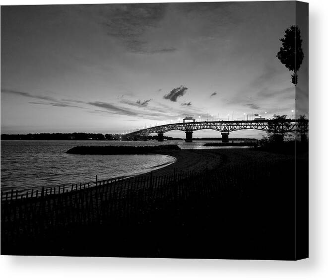 Black And White Canvas Print featuring the photograph Light Over Bridge by Lara Morrison