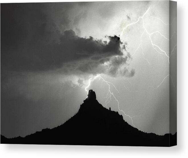 Pinnacle Peak Canvas Print featuring the photograph Lightning Striking Pinnacle Peak Arizona by James BO Insogna