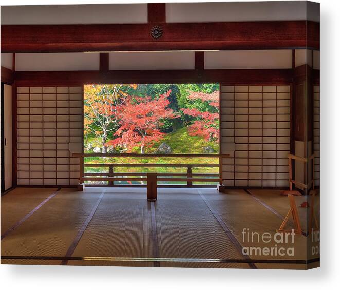 Sogen Garden Canvas Print featuring the photograph Looking out onto the autumn colors of Sogen Garden, Tenryu ji Temple, Arashiyama, Kyoto, Japan by Mark Carnaby