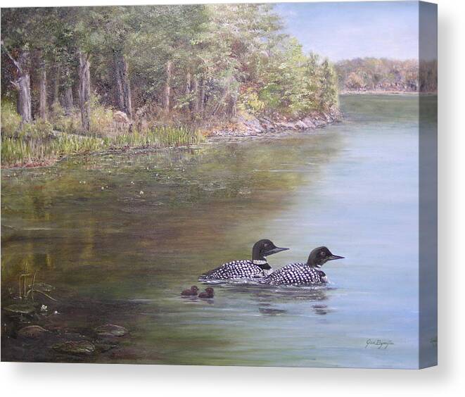 Loon Canvas Print featuring the painting Loon Family 1 by Jan Byington