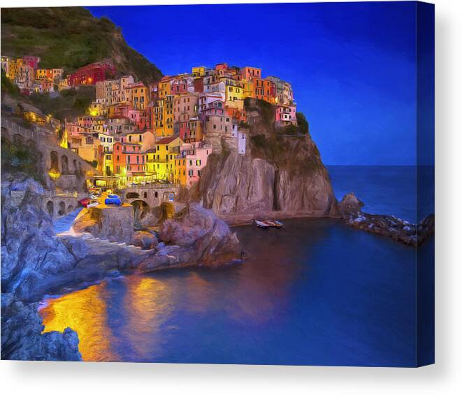Italy Canvas Print featuring the painting Manarola By Moonlight by Dominic Piperata