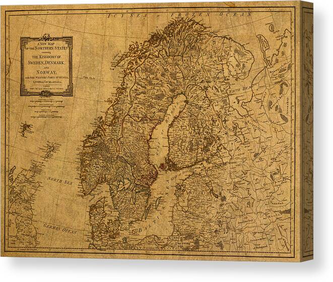 Map Canvas Print featuring the mixed media Map of Norway Sweden Denmark and Scandinavia Circa 1794 on Worn Distressed Parchment by Design Turnpike