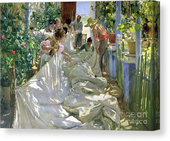 Sewing;straw Hat;geranium;sunshine;worker;workers;greenhouse;conservatory;interior; Pagoda Canvas Print featuring the painting Mending the Sail by Joaquin Sorolla y Bastida