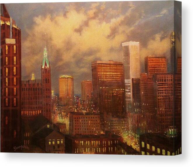 City Lights Canvas Print featuring the painting Milwaukee My Hometown by Tom Shropshire