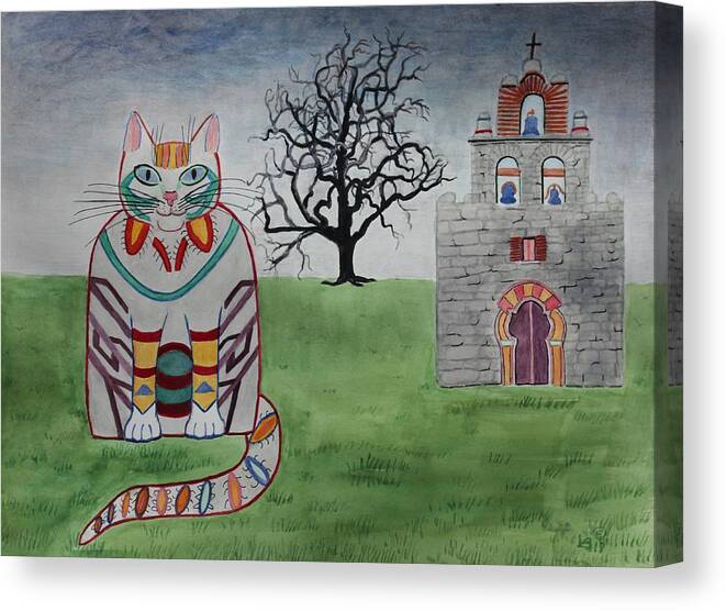 Mission Espada Canvas Print featuring the painting Mission Espada Cat by Vera Smith