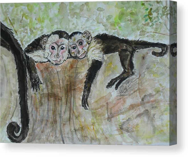 Monkey Canvas Print featuring the painting Monkey Sibling Love by Kelly Smith