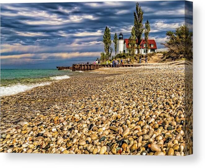 Point Betsie Lighthouse Canvas Print featuring the photograph Moody Skies over Point Betsie by Joe Holley