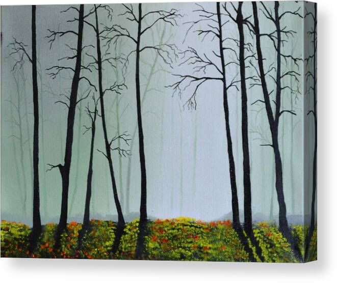 This Is A Landscape Painting Of A Foggy Wooded Area. The Light Is Coming Through A Foggy Area Of The Background. I Used A Light Colored Back Ground To Give The Painting Depth And Contrast. The Trees Don't Have Leaves And Are Casting A Shadow On The Forest Floor. The Ground Is Covered With Fresh Flowers And Green Grass. This Is An Affordable Oil Painting And Would Look Great In Any Room. Canvas Print featuring the painting Morning Fog by Martin Schmidt