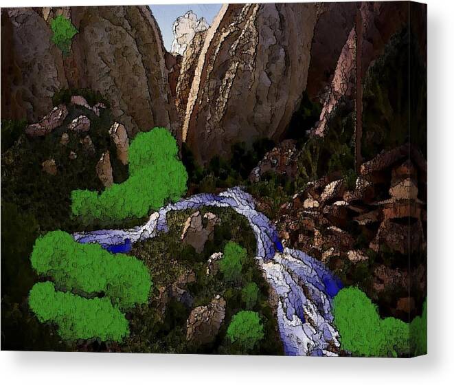 Stones.rocks.mountines.sky.cloud.bushes.river.water.flow. Canvas Print featuring the digital art Mountine river by Dr Loifer Vladimir