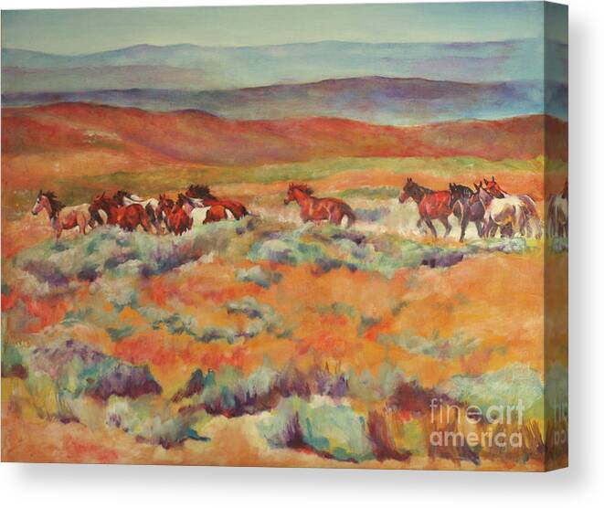 Horse Canvas Print featuring the painting Mustangs Running Near White Mountain by Karen Brenner