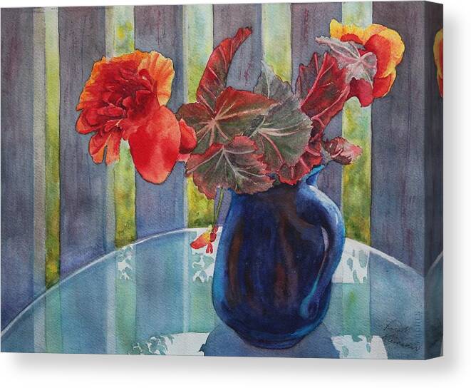 Blue Jug Canvas Print featuring the painting Nancy's Begonias by Ruth Kamenev