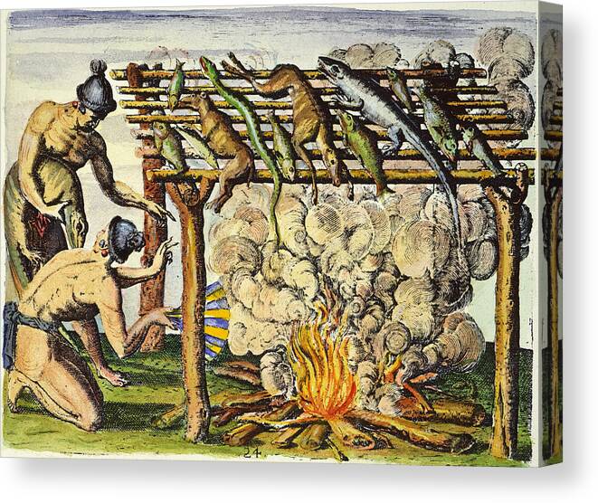 1591 Canvas Print featuring the photograph Native Americans: Barbecue, 1591 by Granger