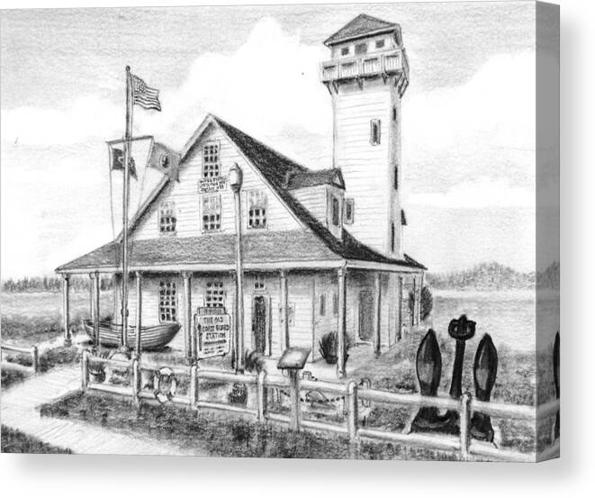 Coast Guard Canvas Print featuring the drawing Old Coast Guard Station by Vic Delnore