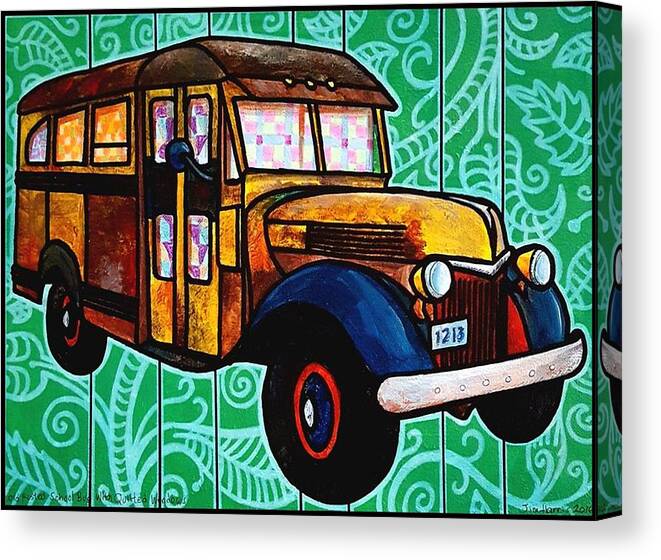 Bus Canvas Print featuring the painting Old Rusted School Bus with Quilted Windows by Jim Harris