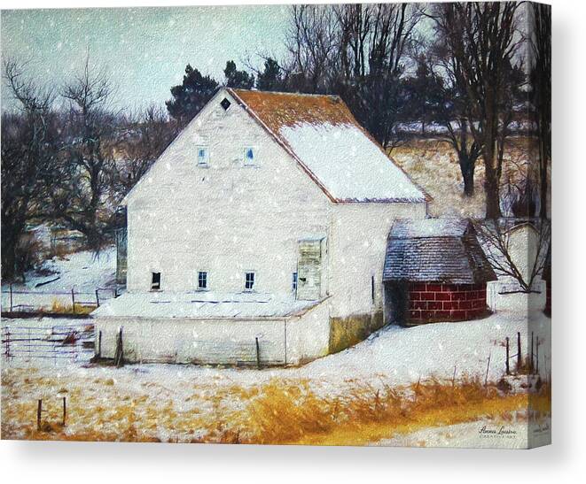 Barn Canvas Print featuring the photograph Old White Barn in Snow by Anna Louise
