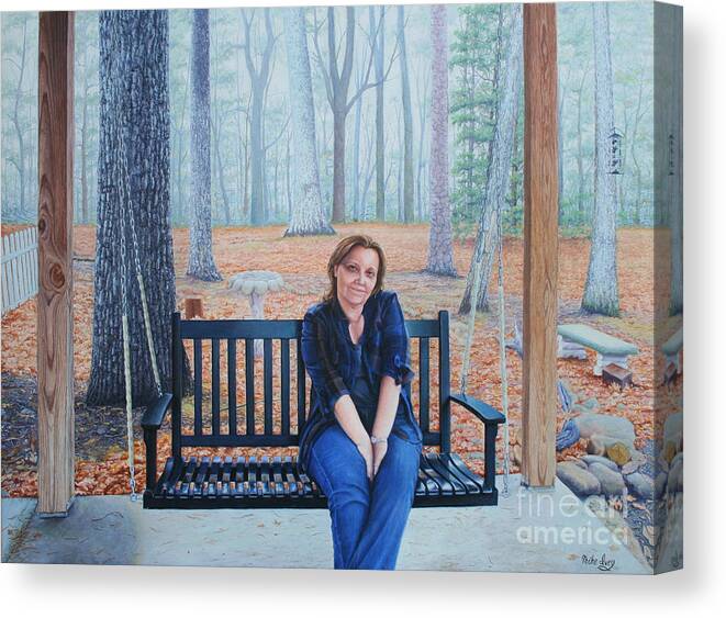 Portrait Canvas Print featuring the painting On The Porch Swing by Mike Ivey