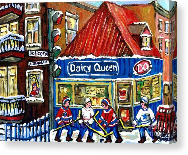 Dairy Queen Canvas Print featuring the painting Original Canadian Hockey Art Paintings For Sale Snowfall At Dairy Queen Ville Emard Montreal Winter by Carole Spandau