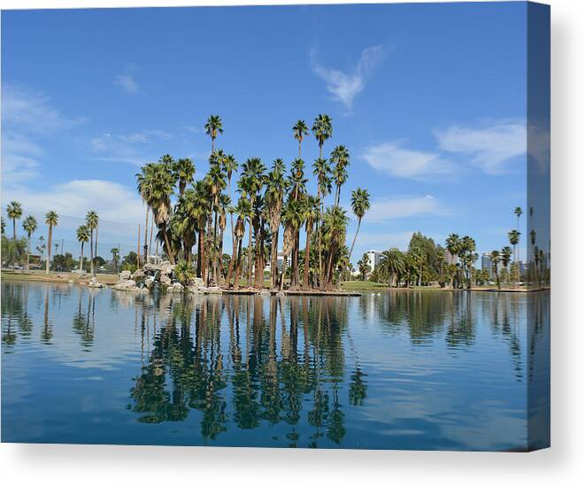 Encanto Park Canvas Print featuring the photograph Palm Tree Reflections by Aimee L Maher ALM GALLERY