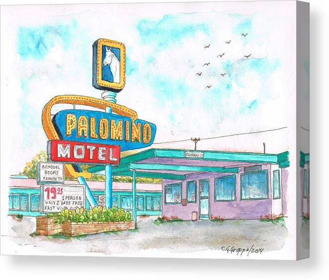 Palomino Motel Canvas Print featuring the painting Palomino Motel in Route 66, Tucumcari, New Mexico by Carlos G Groppa