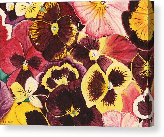Watercolor Canvas Print featuring the painting Pansies Competing For Attention by Shawna Rowe
