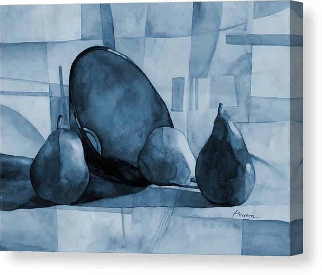 Mono Canvas Print featuring the painting Pears and Blue Bowl in Blue by Hailey E Herrera