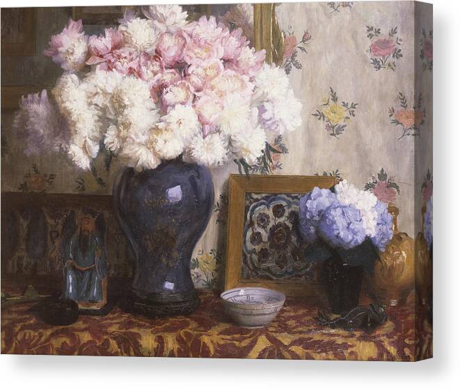 Peony Canvas Print featuring the painting Peonies by Mary E Wheeler