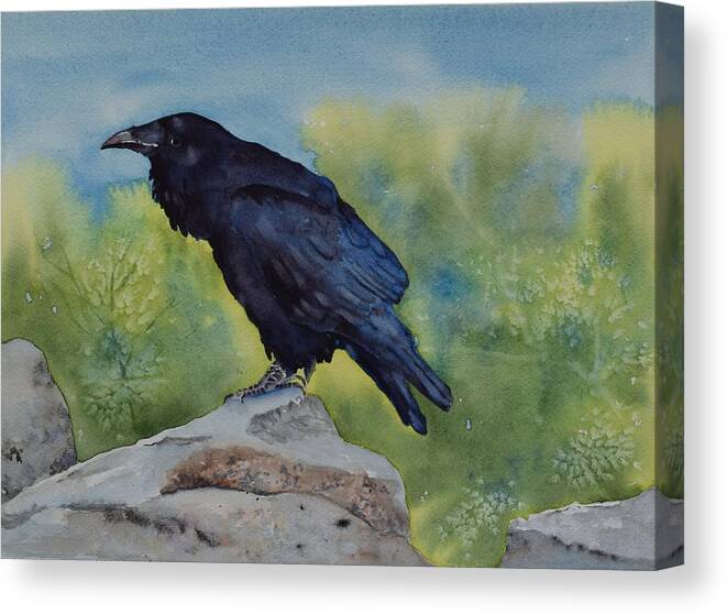 Raven Canvas Print featuring the painting Perched on the Rim by Celene Terry