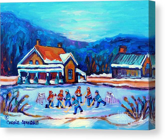 Hockey Canvas Print featuring the painting Pond Hockey Painting Canadian Art Original Winter Country Landscape Scene Carole Spandau  by Carole Spandau