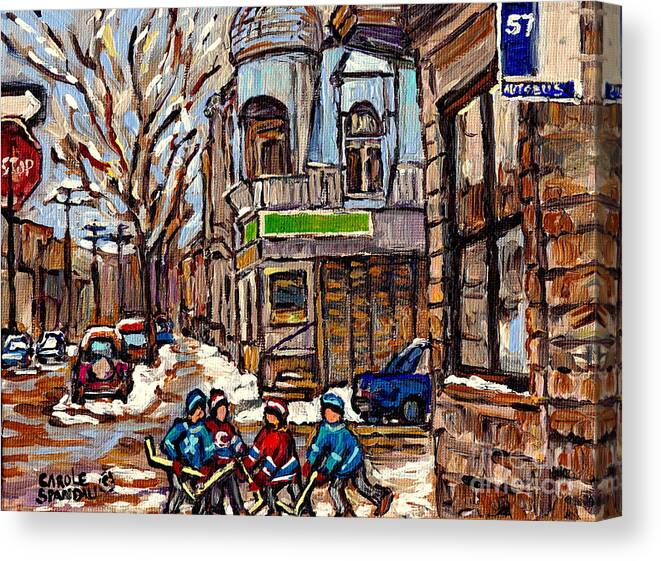 Connie's Pizza Canvas Print featuring the painting Psc Winter Street 57 Bus Stop Hockey Fun Connie's Pizza Original Canadian Painting Carole Spandau by Carole Spandau