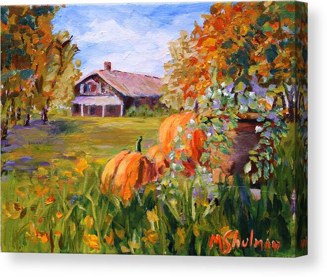 Pumpkins Canvas Print featuring the painting Pumpkins in the fall. by Madeleine Shulman