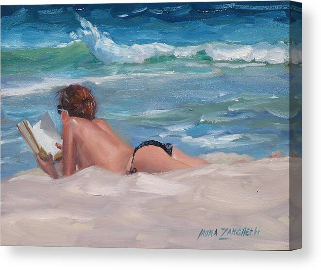 Topless Sunbather Canvas Print featuring the painting Quiet Time Two by Laura Lee Zanghetti